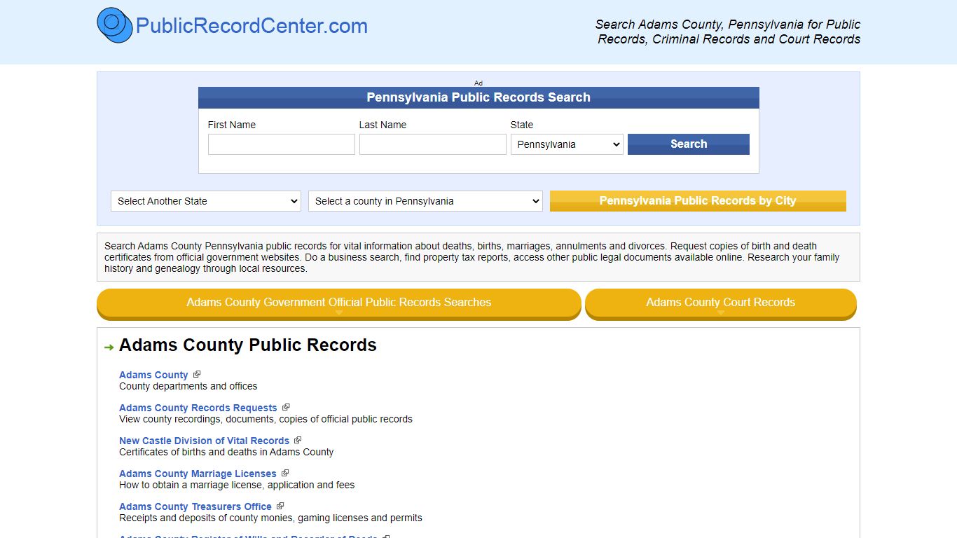 Adams County Pennsylvania Free Public Records - Court ...